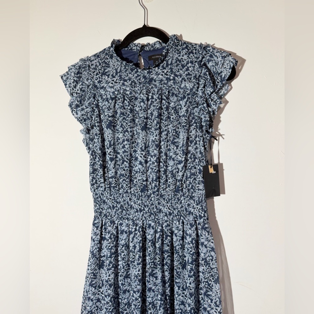 Halogen Navy Blue Floral Smocked Midi Dress Ruffle Sleeve Sz S Cottagecore - Picture 2 of 8